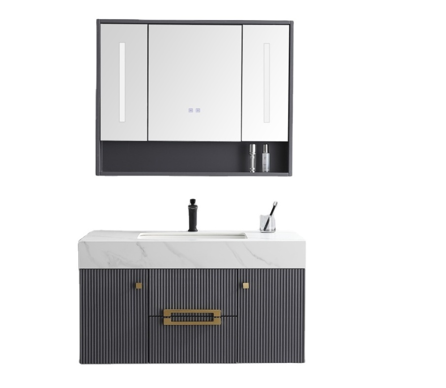 KD-BC309W Luxury Hotel Handmade Wooden LED Light Mirror Cabinet for Bathroom Marble Top Wash Basin Vanity with Gold Color Handle