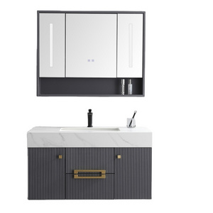 KD-BC309W Luxury Hotel Handmade Wooden LED Light Mirror Cabinet for Bathroom Marble Top Wash Basin Vanity with Gold Color Handle