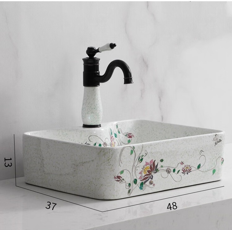 KD-02FBA Chaozhou New Design Ceramic Glazed Rectangular Hair Wash Basin Country Style Green Design Above Counter Mounted Sink