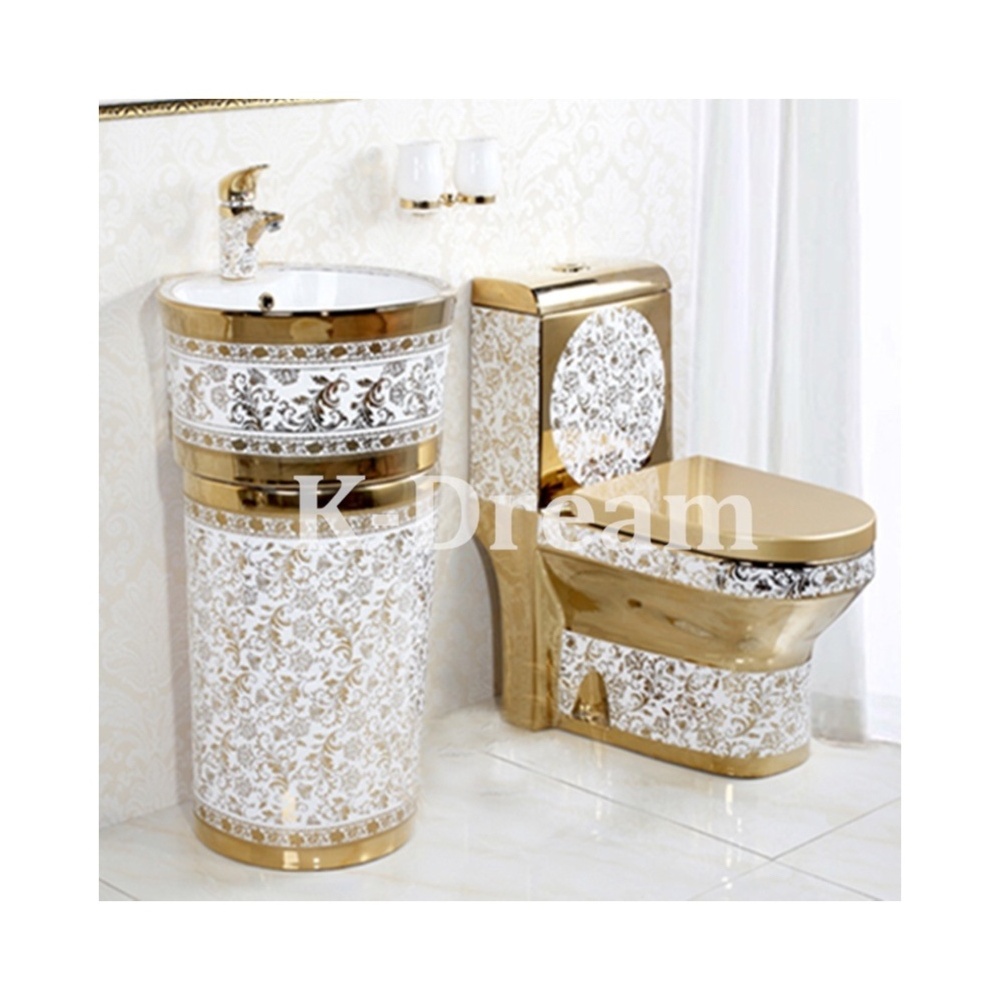 Royal design gold toilet bowl, toilets set golden color wash basin sink wc gold bathroom ceramic toilet