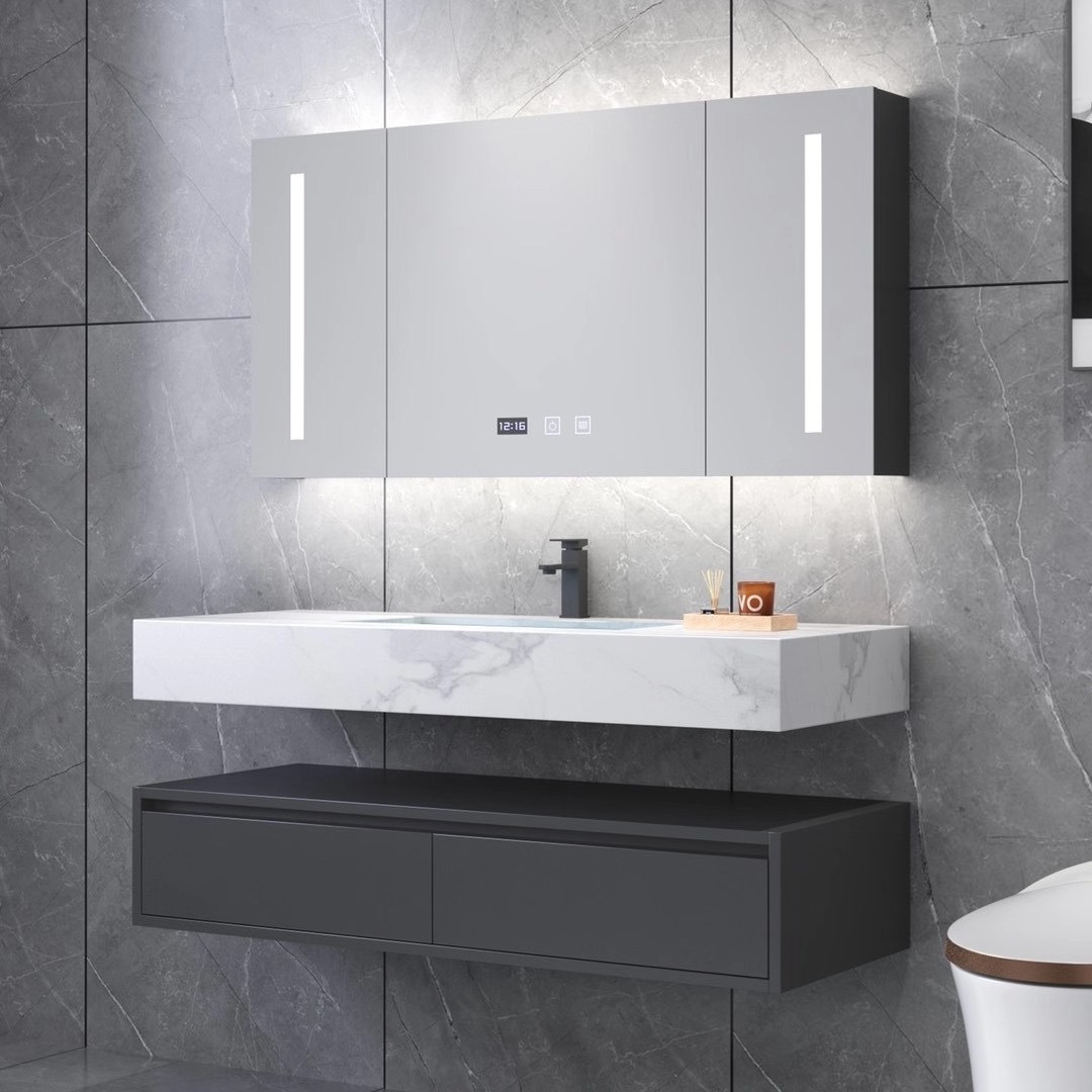 Waterproof Wooden Wall Mounted Wash Basin Vanity Mirror Sink Cabinet Modern Bathroom Furniture Marble Rectangular Table Top Sink