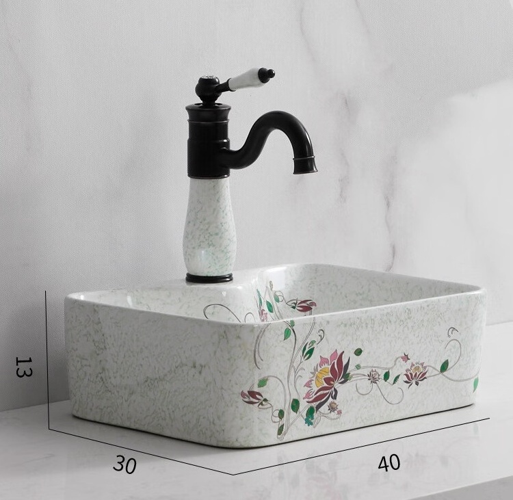 KD-02FBA Chaozhou New Design Ceramic Glazed Rectangular Hair Wash Basin Country Style Green Design Above Counter Mounted Sink