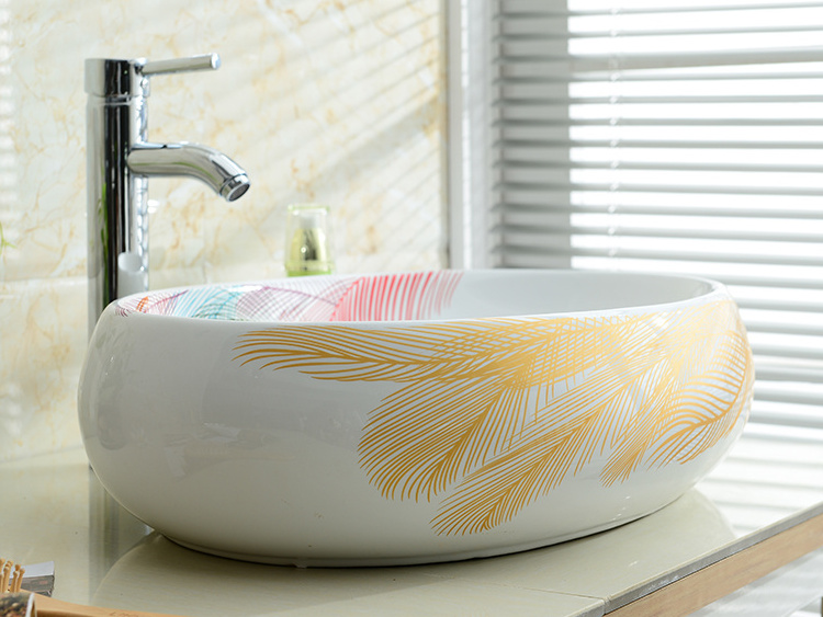 KD-03DBG Chaozhou Colorful Sanitary Ware High Quality Ceramic Hand Wash Basin Color Feather Pattern Egg Shape Counter Top Sink