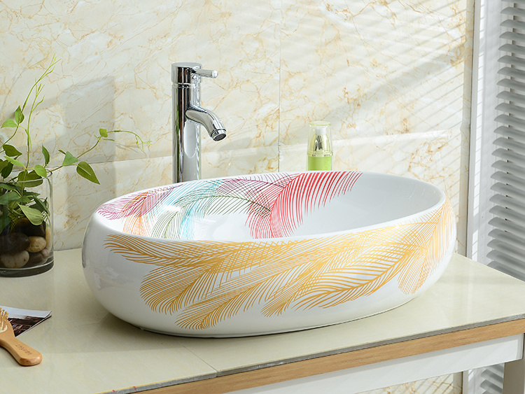 KD-03DBG Chaozhou Colorful Sanitary Ware High Quality Ceramic Hand Wash Basin Color Feather Pattern Egg Shape Counter Top Sink