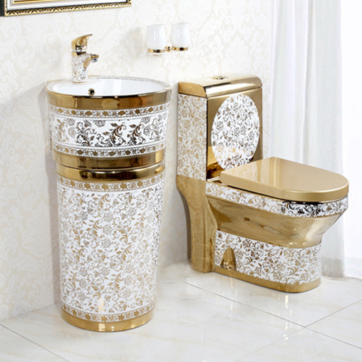 Royal design gold toilet bowl, toilets set golden color wash basin sink wc gold bathroom ceramic toilet