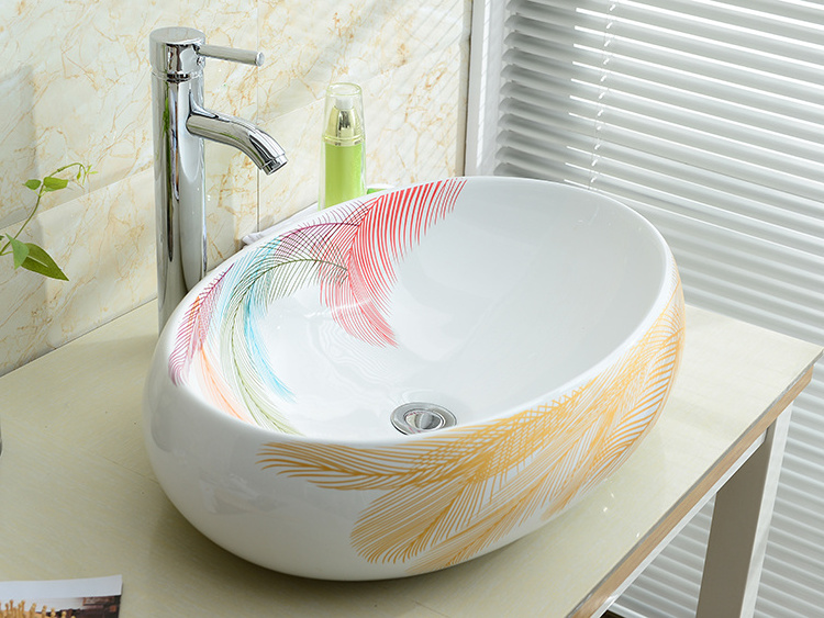 KD-03DBG Chaozhou Colorful Sanitary Ware High Quality Ceramic Hand Wash Basin Color Feather Pattern Egg Shape Counter Top Sink