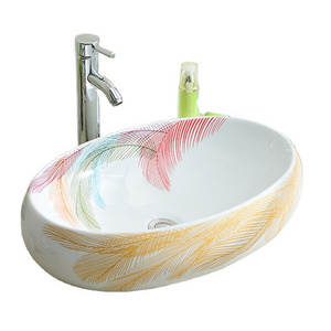 KD-03DBG Chaozhou Colorful Sanitary Ware High Quality Ceramic Hand Wash Basin Color Feather Pattern Egg Shape Counter Top Sink