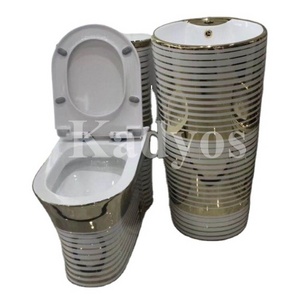 KD-13GPB2 Set Elegance Colored Sanitary Ware White Golden Design Ceramic One Piece Water Closet Toilet with Pedestal Basin Set