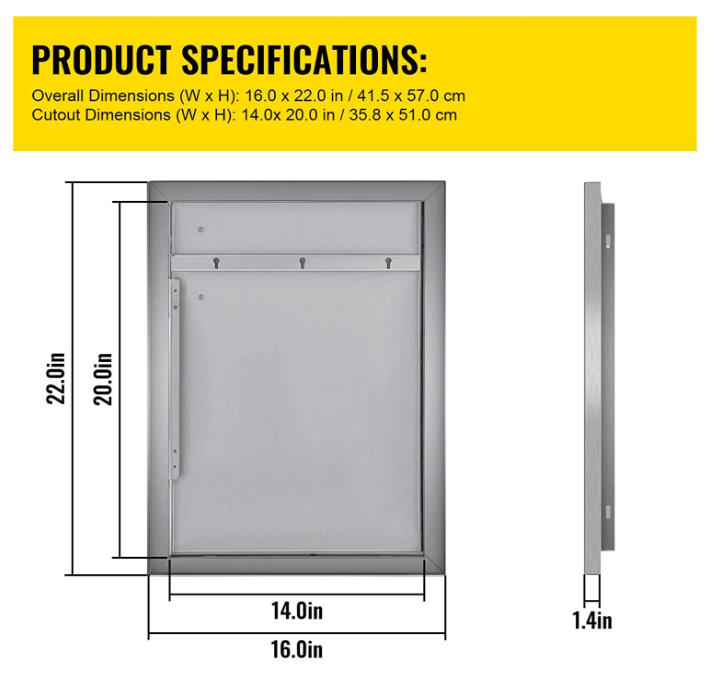 BBQ Access Door 16 x 22 Inch Vertical Outdoor Kitchen Door Left Hinged Stainless Steel Access Door for Outdoor Kitchen