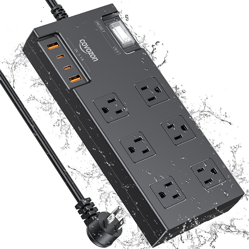 IPX6 Outdoor Power Strip Weatherproof Waterproof Surge Protector with 6 Wide Outlet & 4 USB Ports Flat Outlet Extension Cord