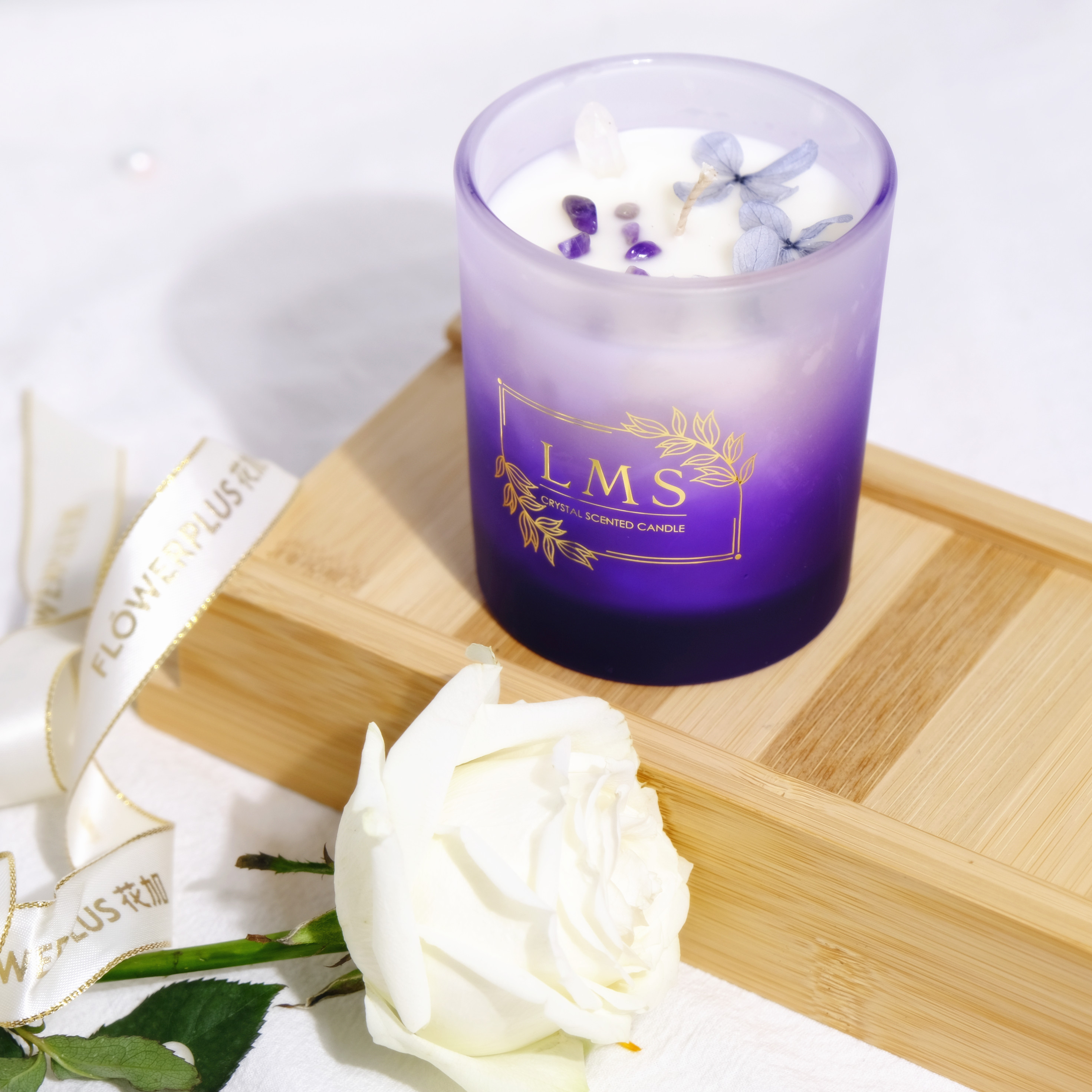 Purple Meditation Candle Luxury Gold Foil Customized Logo Gemstone Amethyst Healing Lavender Scented Candles