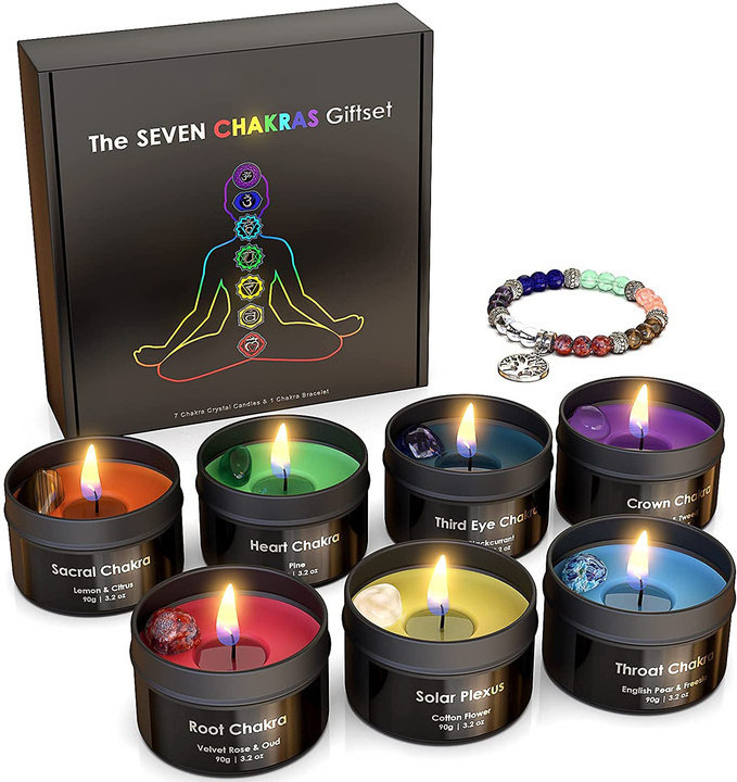 Clearance Sale No Moq Tinplate Healing Meditation Stress Relief Spiritual Yoga Crystal 7 Chakra Candles Set With Crystal