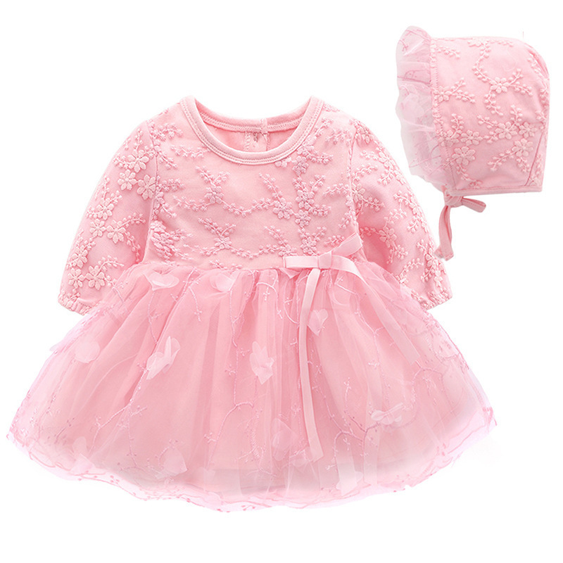 0 3 6 12 Months Newborn Infant Baby Girls Princess Lace Tutu Dress And Hat Long Sleeve Pink Frock Baby Girls 1st Birthday Dress