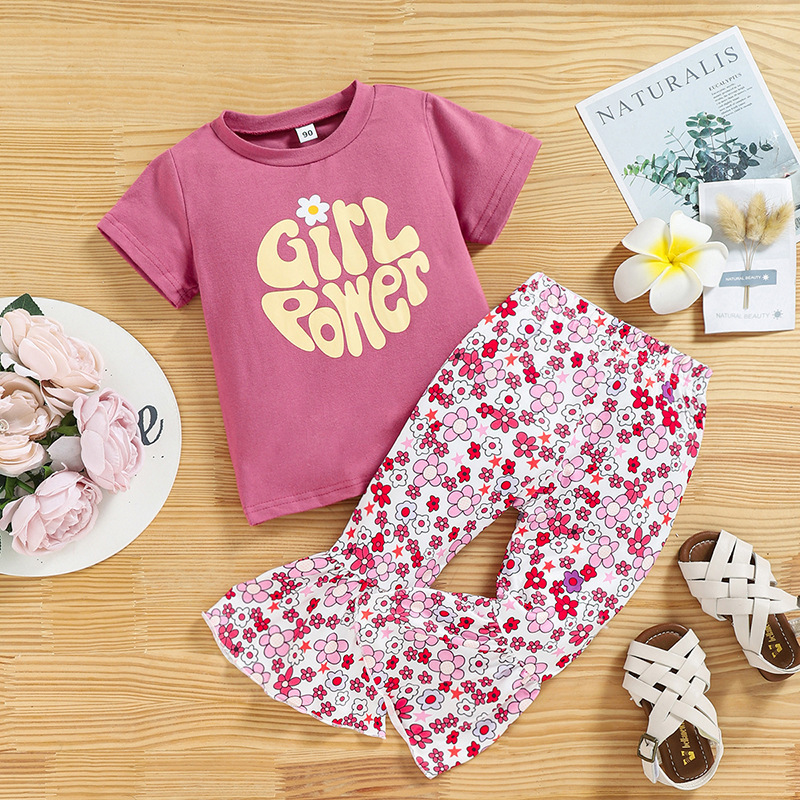 Girls' Casual Set Baby Short Sleeved T-shirt Summer Bell Bottoms Printed Letters Baby Girls Clothing Set Summer Children Baby