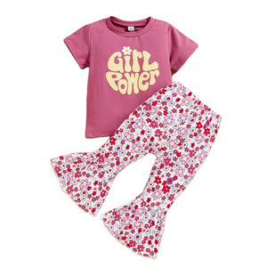 Girls' Casual Set Baby Short Sleeved T-shirt Summer Bell Bottoms Printed Letters Baby Girls Clothing Set Summer Children Baby