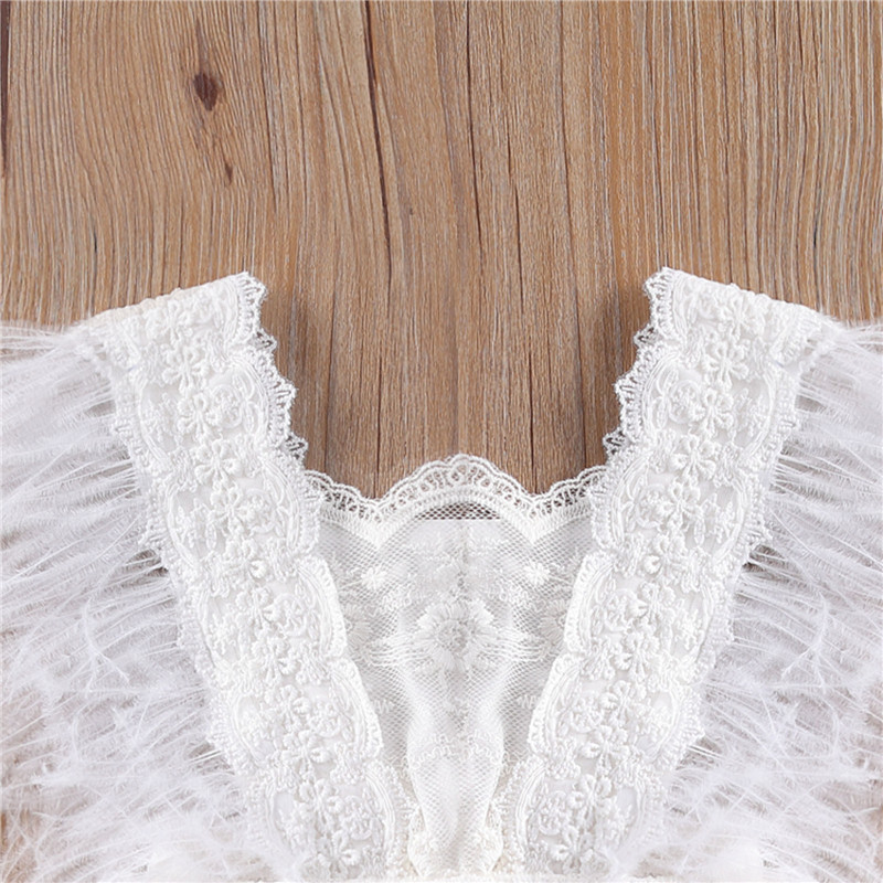 Embroidery Lace Princess Infant Baby Tutu Romper  Dress Sweet Baby Feathers Fly Sleeve Backless White Jumpsuit Summer Romper