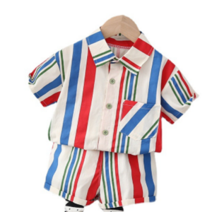 Summer Kids Clothing Set Boys' Summer Set 2023 New Baby Fashionable Short Sleeve Summer Dress Children's Rainbow Stripe Shirt