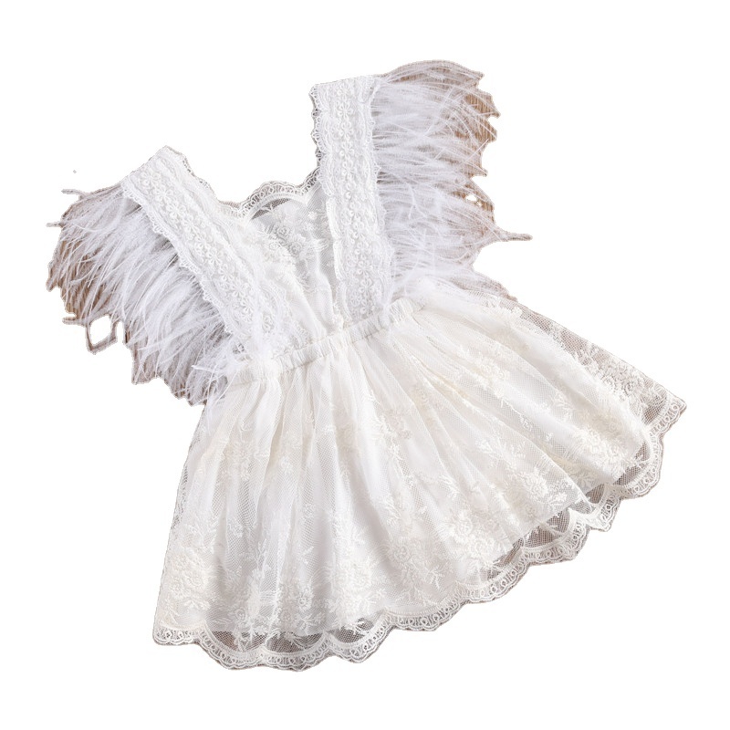 Embroidery Lace Princess Infant Baby Tutu Romper  Dress Sweet Baby Feathers Fly Sleeve Backless White Jumpsuit Summer Romper