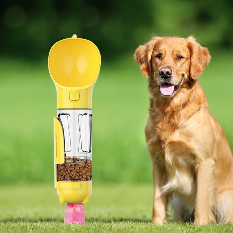 Pet supplier Travel walking 4 in 1 multifunctional food water leak proof drinking bottle portable pet dog water bottle