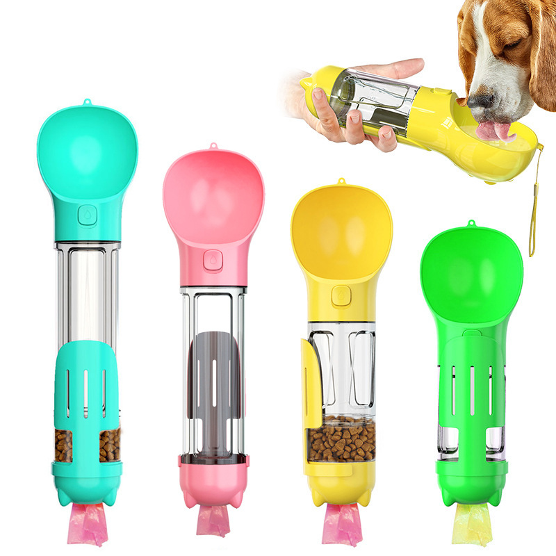 Pet supplier Travel walking 4 in 1 multifunctional food water leak proof drinking bottle portable pet dog water bottle