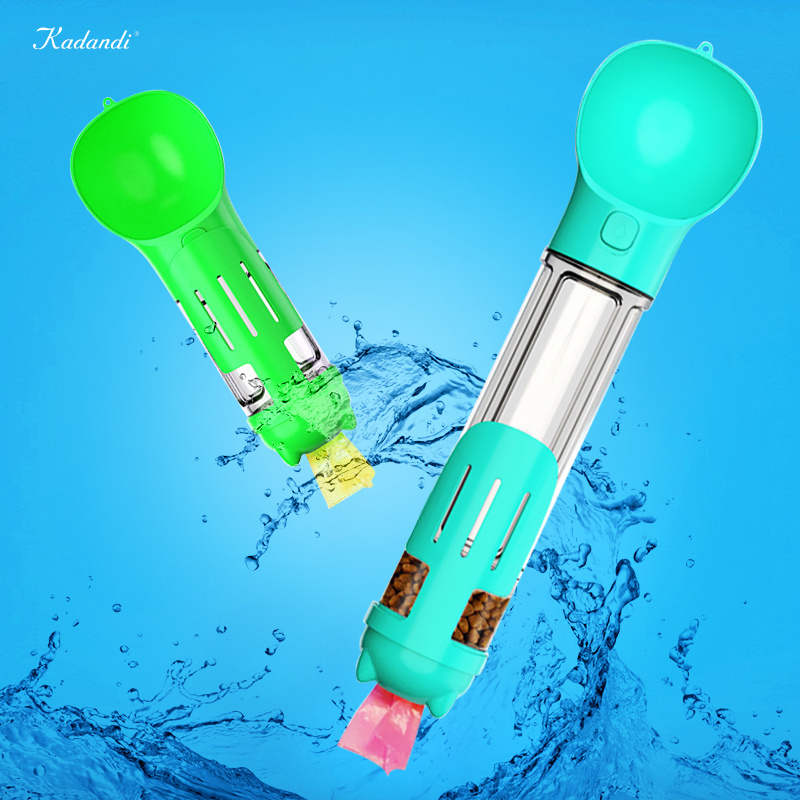 Pet supplier Travel walking 4 in 1 multifunctional food water leak proof drinking bottle portable pet dog water bottle