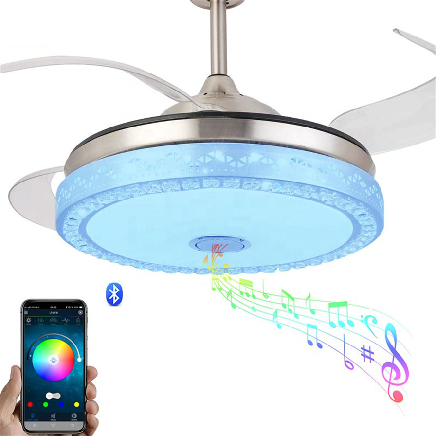 Retractable Invisible Ceiling Fan Light with Speaker 7 Colors LED Dining Room Ceiling Home Pendant Light with Remote Control 36W