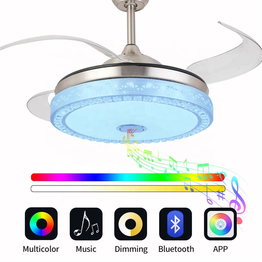 Retractable Invisible Ceiling Fan Light with Speaker 7 Colors LED Dining Room Ceiling Home Pendant Light with Remote Control 36W