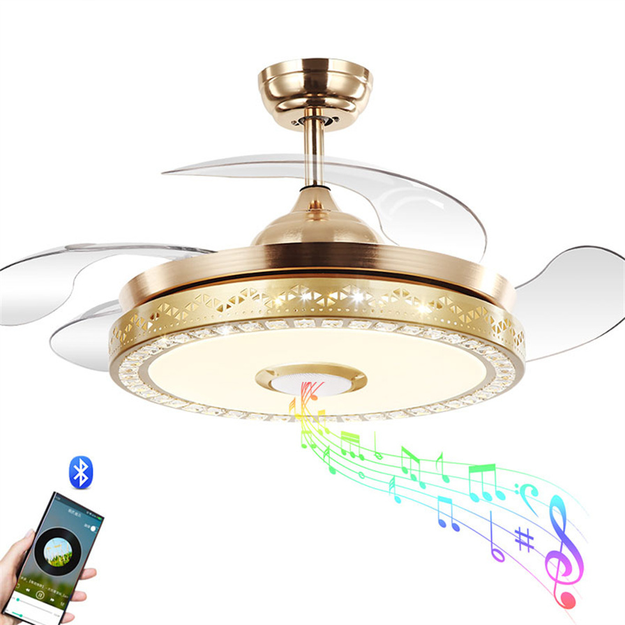 Retractable Invisible Ceiling Fan Light with Speaker 7 Colors LED Dining Room Ceiling Home Pendant Light with Remote Control 36W