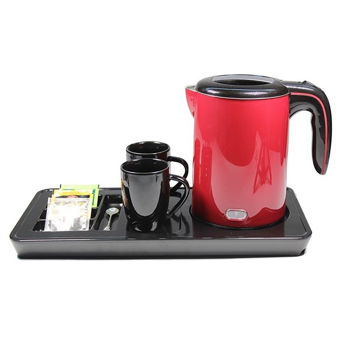 1.0L Cordless Red Stainless Steel Electric Kettle with Tray Set Keep Warm Feature for Hotel or Household Use