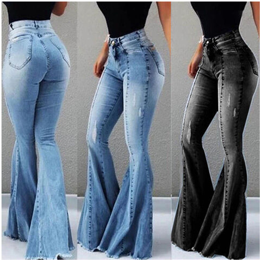 Top Quality Flare pants denim jeans high waist stylish streetwear bell bottoms denim jeans women