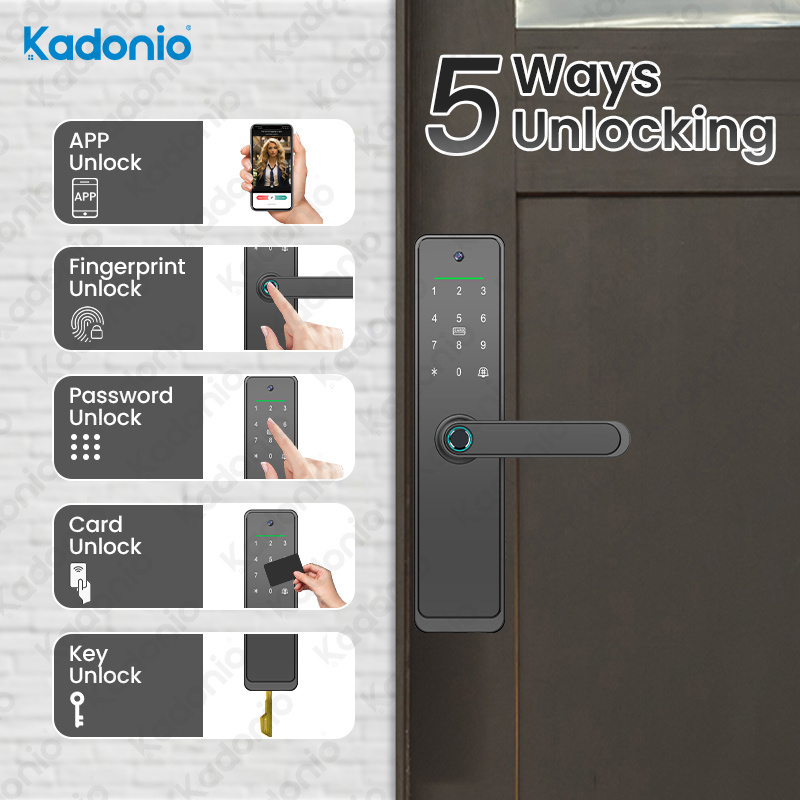 Kadonio Tuya Wifi Biometric Fingerprint Digital Electronic Smart Card Password Key Unlock Door Lock With Camera