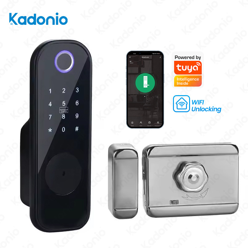 Kadonio Electric Digital Tuya Rim Smart Key Lock Magnetic Garage Front Door Lock 12V With Rim Cylinder