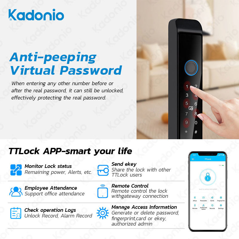 Kadonio European 85 Mortise Digital Smart Locks Fingerprint Aluminum Steel Double Side Sliding Glass Door Lock