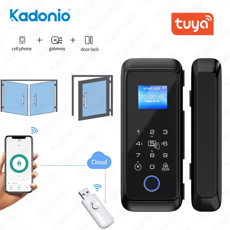 Kadonio Security Tuya Remote Access Digital Glass Sliding Door Smart Electric Lock Knobs Fingerprint For Glass Doors