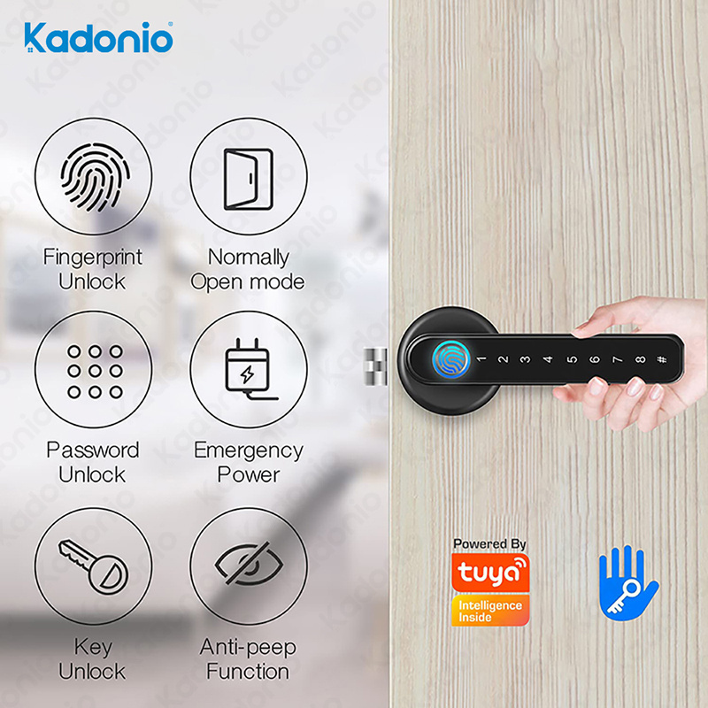 Kadonio Tuya Smart Handle Fingerprint Password Key Unlock Digital Door Lock App Remote For Bedroom Home