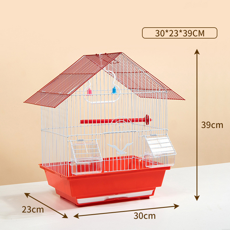 Bird cage, parrot, canary with feeder, jumping on the swing to rest