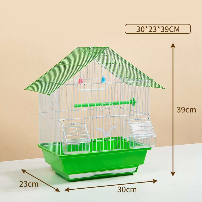 Bird cage, parrot, canary with feeder, jumping on the swing to rest