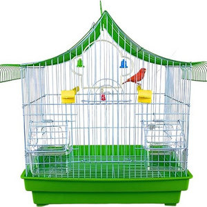 Bird cage, parrot, canary with feeder, jumping on the swing to rest