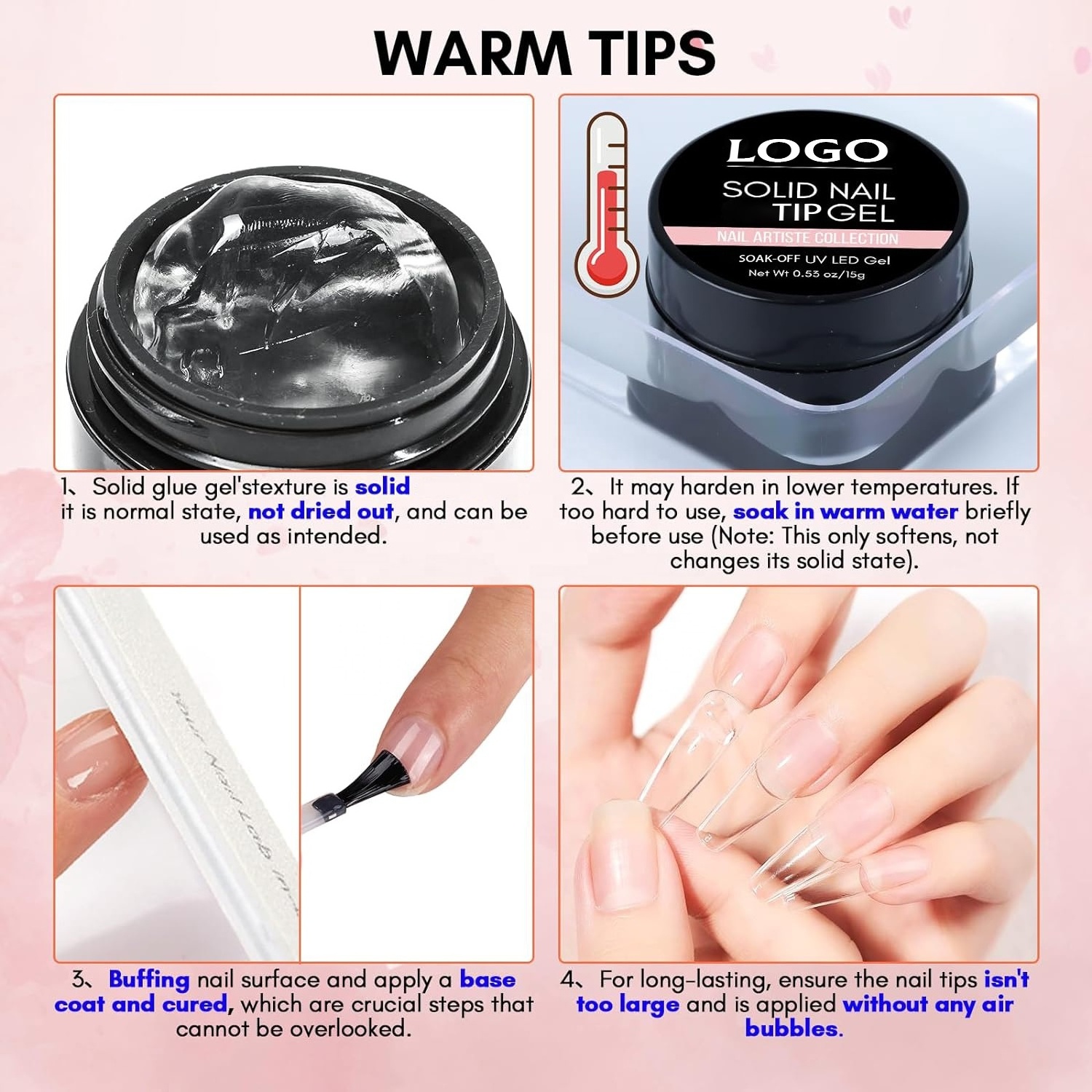 Private Label French Gel Solid Nail Gel Glue for Soft Tips Clear Acrylic Nail Tips Solid Gel Glue Nails Fake Solid Hard