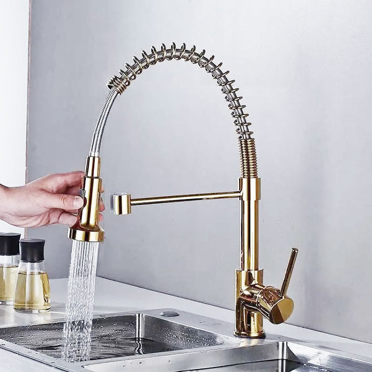 unlacquered brass spring pull down out kitchen faucet for angle valve mixer