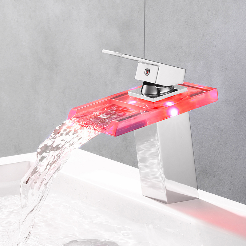 LED Basin Faucet Temperature Colors Change Bathroom Mixer Tap Deck Mounted Wash Sink Taps Hot And Cold Tap Waterfall Faucets