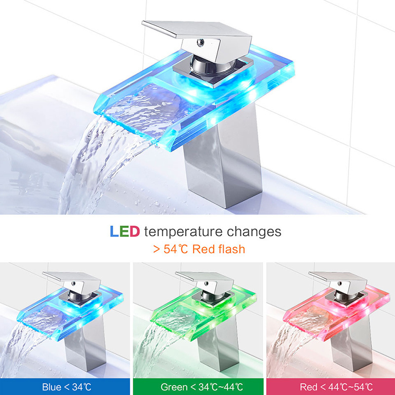 LED Basin Faucet Temperature Colors Change Bathroom Mixer Tap Deck Mounted Wash Sink Taps Hot And Cold Tap Waterfall Faucets