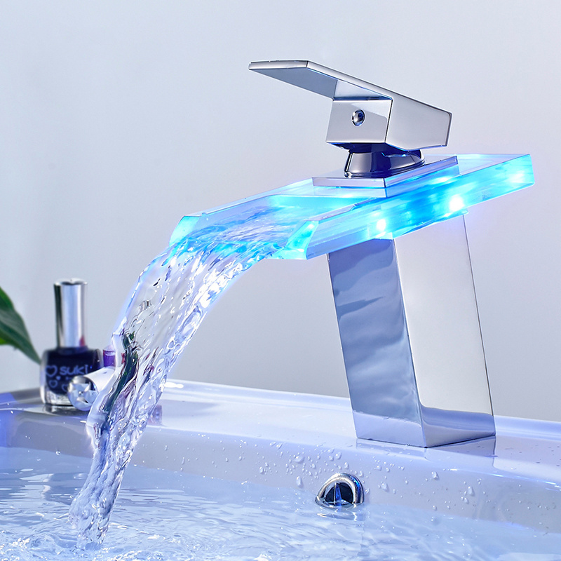 LED Basin Faucet Temperature Colors Change Bathroom Mixer Tap Deck Mounted Wash Sink Taps Hot And Cold Tap Waterfall Faucets