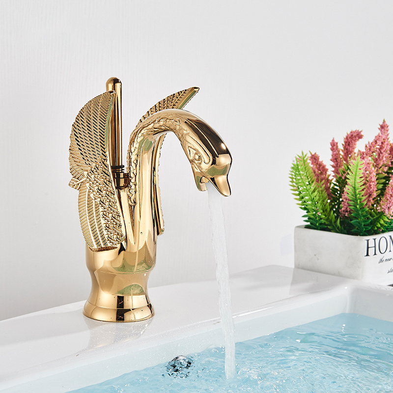 Gold Swan Shape Single All Copper Hot and Cold Water Face Retro Water Tap Bathroom Luxury Mixer Wash Brass Basin Faucets