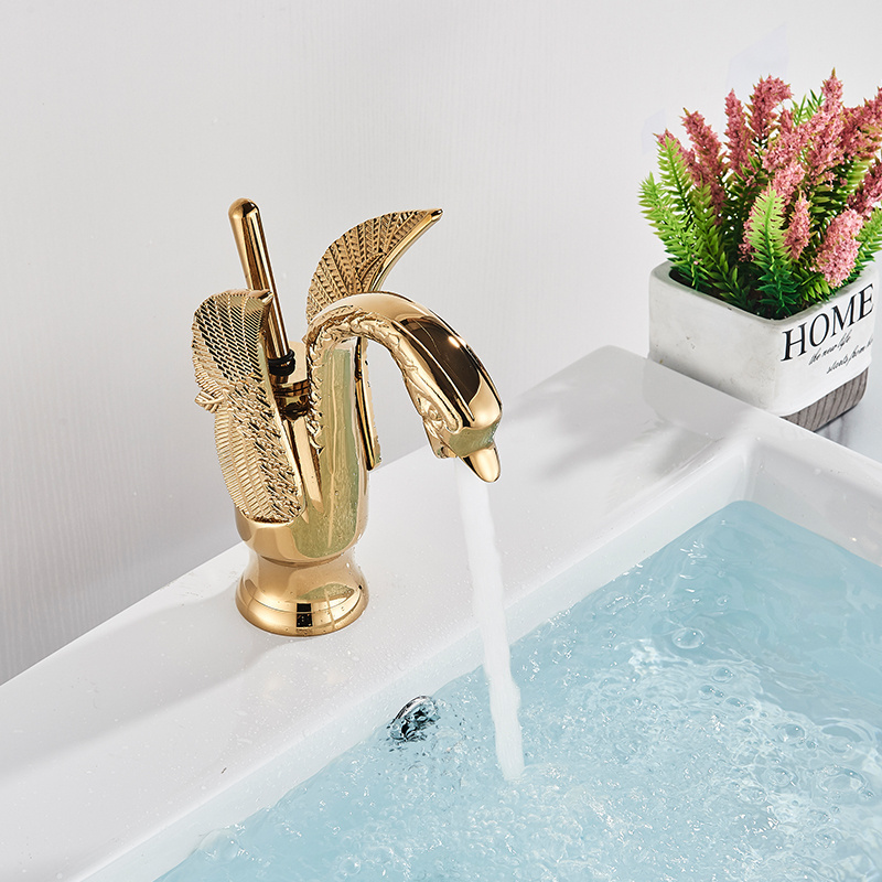 Gold Swan Shape Single All Copper Hot and Cold Water Face Retro Water Tap Bathroom Luxury Mixer Wash Brass Basin Faucets