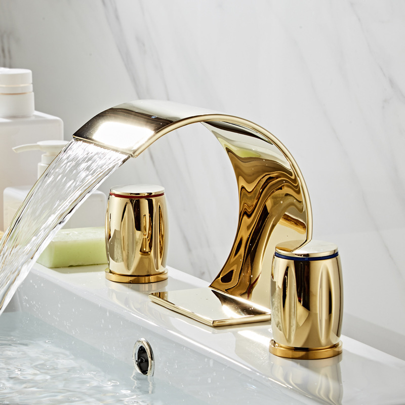 luxury Gold Dual Handle Waterfall Bathroom Faucet 3 Hole Widespread Bathroom Sink Faucet