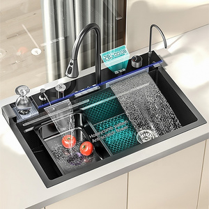 LED Handmade Black Sus 304 Stainless Steel Waterfall Smart Multifunction Kitchen Sink Digital Nano