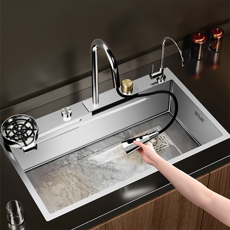 Silver Sus 304 Stainless Steel	Luxury Handmade Waterfall Faucet Multifunction Single Bowl Kitchen Sink