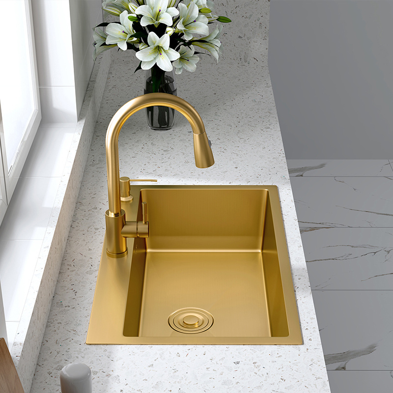 Single Handle Pull down Faucet Kitchen Sink Gold Single Bowl Undermount Luxury 304 Stainless Steel Modern Sink Kitchen