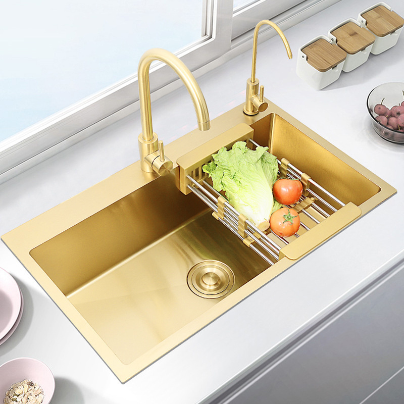 Single Handle Pull down Faucet Kitchen Sink Gold Single Bowl Undermount Luxury 304 Stainless Steel Modern Sink Kitchen